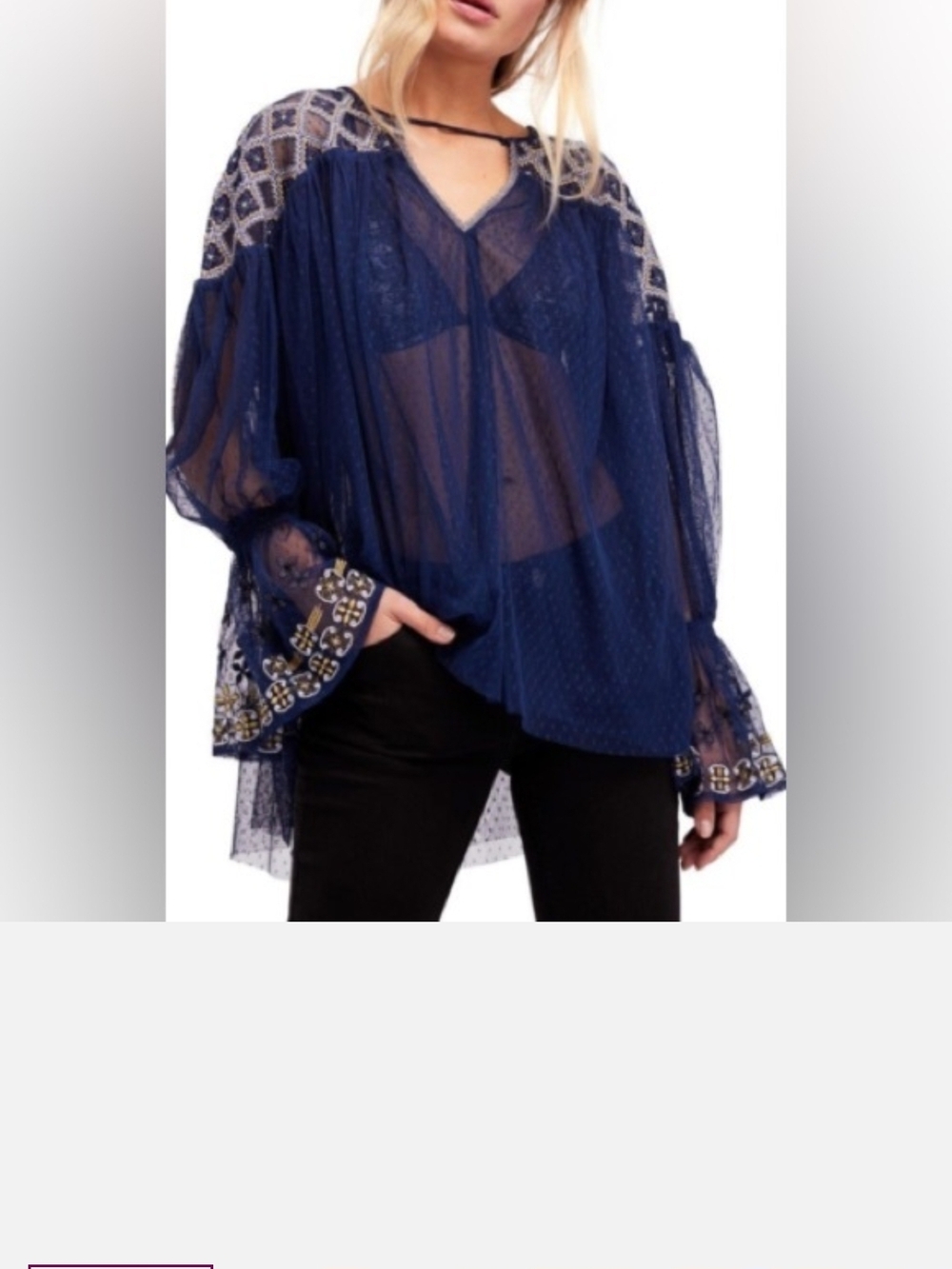 Free People Joyride Embroidered Mesh Top Navy Blue Gold Size Small